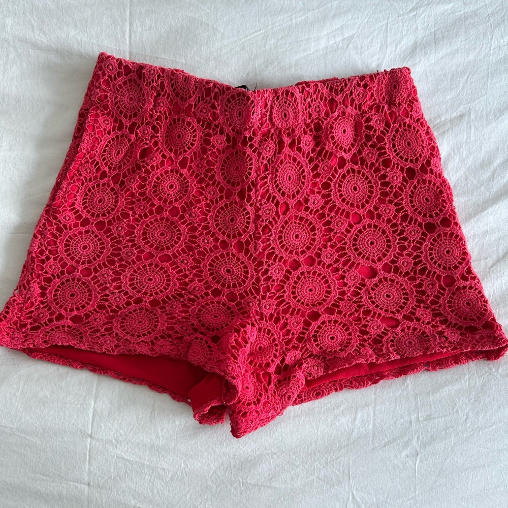 Red Lace Crochet Shorts